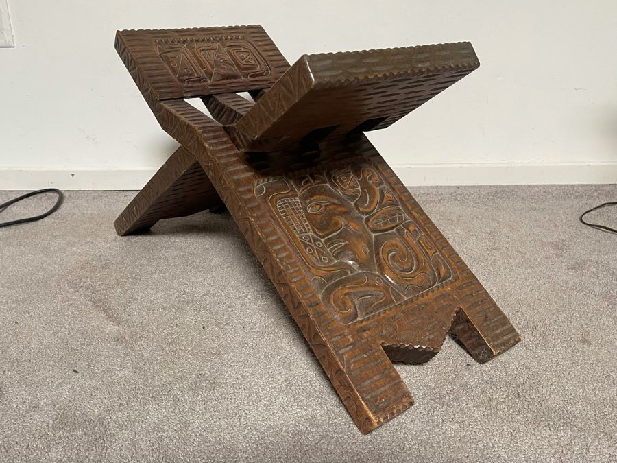 Carved Wooden Folding Bench Seat Chair From Honduras 29W X 16H [Photo 3]