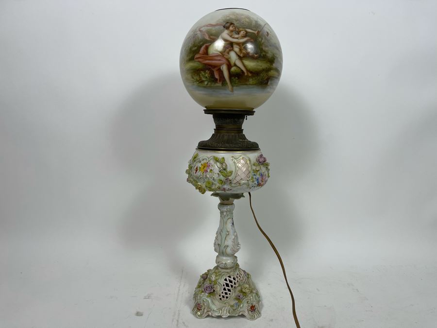 Vintage Electrified Table Lamp With Hand Painted Glass Globe 8W X 24H [Photo 7]