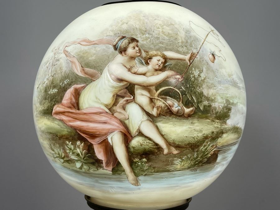 Vintage Electrified Table Lamp With Hand Painted Glass Globe 8W X 24H [Photo 4]