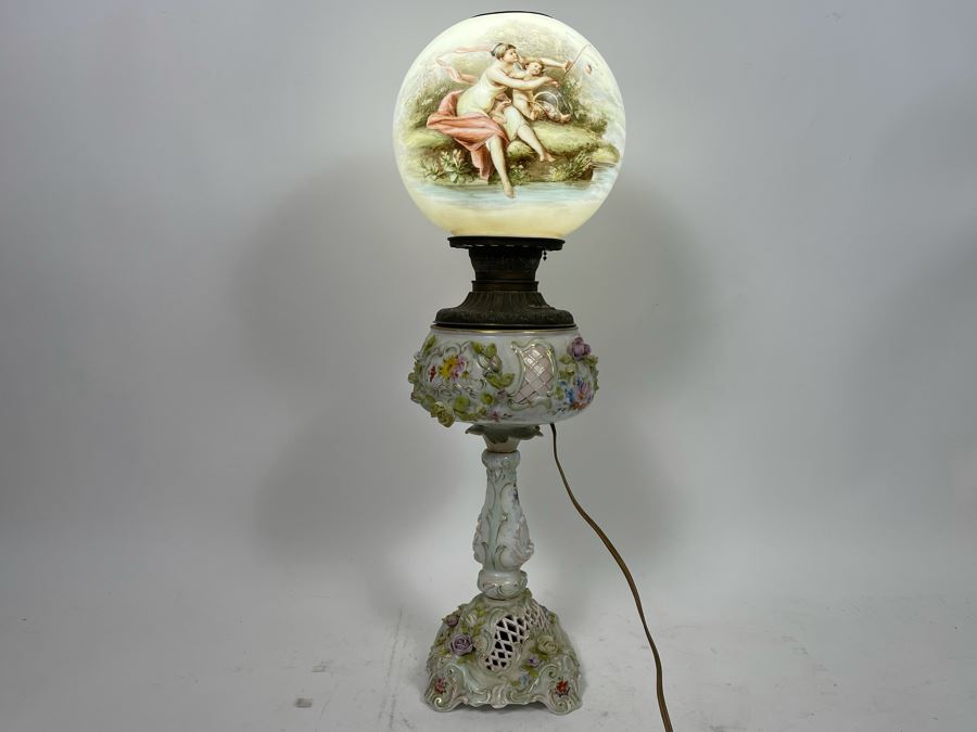 Vintage Electrified Table Lamp With Hand Painted Glass Globe 8W X 24H [Photo 3]