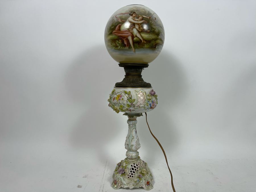 Vintage Electrified Table Lamp With Hand Painted Glass Globe 8W X 24H [Photo 8]