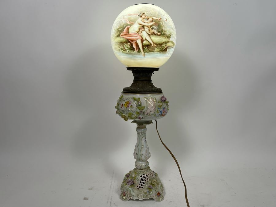 Vintage Electrified Table Lamp With Hand Painted Glass Globe 8W X 24H [Photo 2]