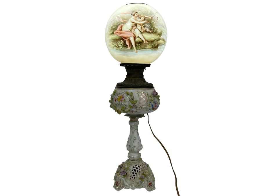 Vintage Electrified Table Lamp With Hand Painted Glass Globe 8W X 24H