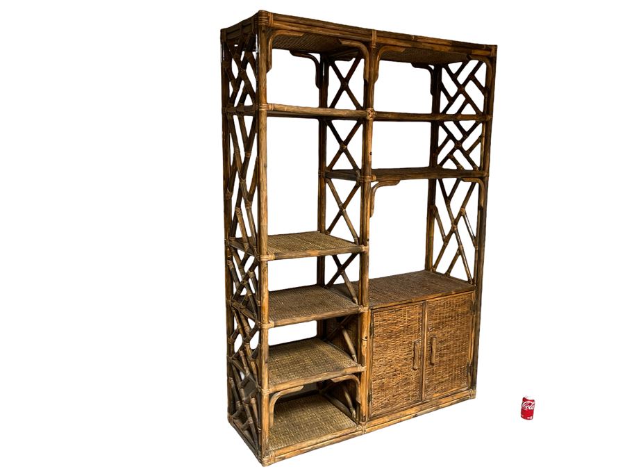 Mid-Century Bamboo / Rattan Bookshelf Display Cabinet 54W X 18D X 78H