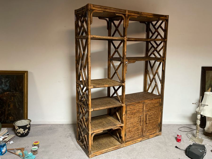 Mid-Century Bamboo / Rattan Bookshelf Display Cabinet 54W X 18D X 78H [Photo 2]