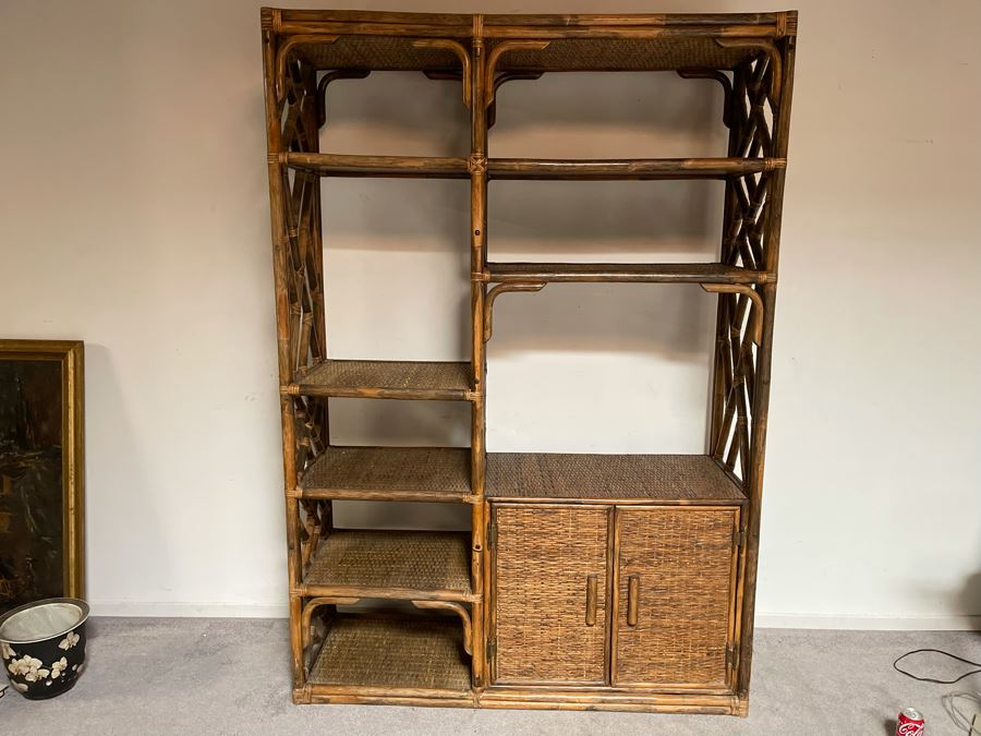 Mid-Century Bamboo / Rattan Bookshelf Display Cabinet 54W X 18D X 78H [Photo 3]