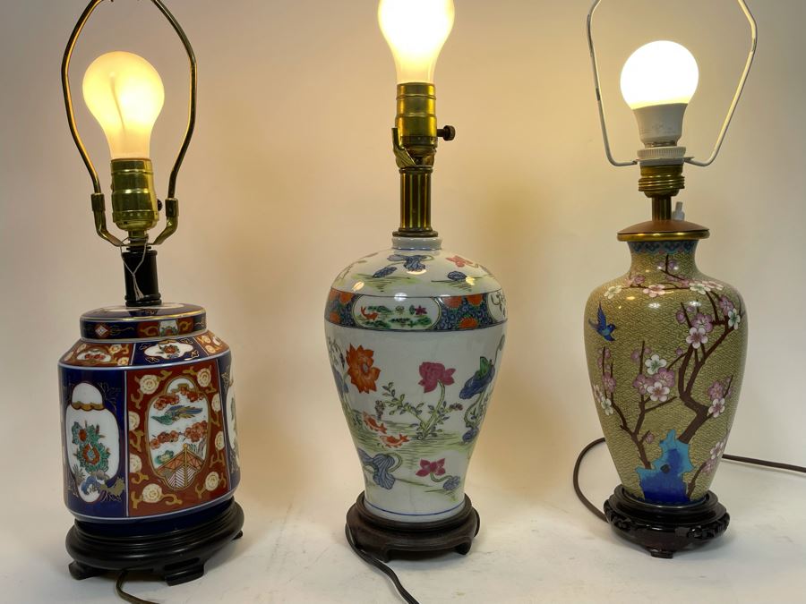 Chinese Cloisonne Table Lamp, Chinese Porcelain Table Lamp And Japanese Imari Table Lamp (No Shades) [Photo 9]