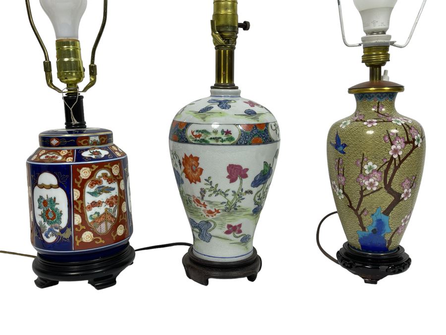 Chinese Cloisonne Table Lamp, Chinese Porcelain Table Lamp And Japanese Imari Table Lamp (No Shades) [Photo 1]