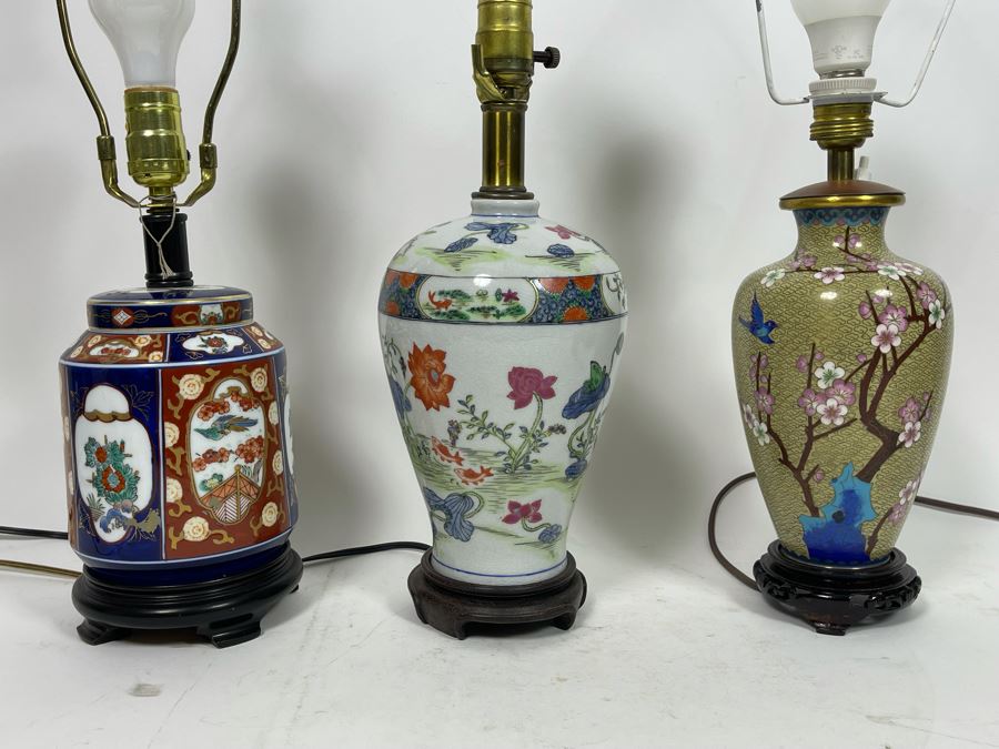 Chinese Cloisonne Table Lamp, Chinese Porcelain Table Lamp And Japanese Imari Table Lamp (No Shades) [Photo 2]