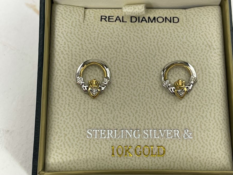 Irish Diamond 10K Gold And Sterling Silver Earrings [Photo 2]