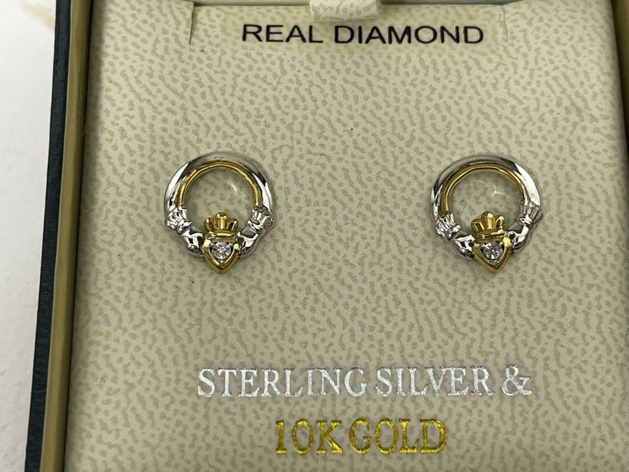 Irish Diamond 10K Gold And Sterling Silver Earrings [Photo 1]