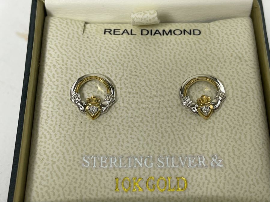 Irish Diamond 10K Gold And Sterling Silver Earrings [Photo 3]
