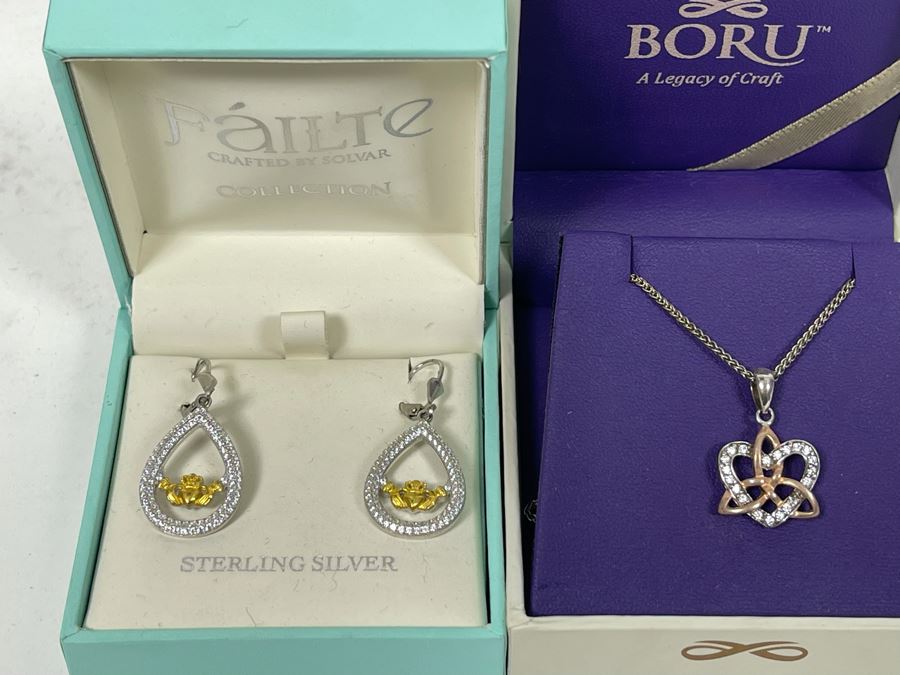 Irish Sterling Silver Earrings And Sterling Silver Necklace And Pendant [Photo 1]