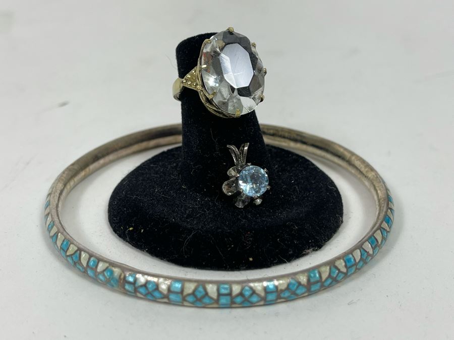 Russian 875 Silver Ring Size 4.25, Sterling Silver Aquamarine Pendant And Sterling Silver Bracelet 19g [Photo 2]