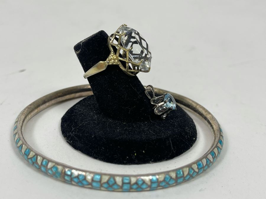 Russian 875 Silver Ring Size 4.25, Sterling Silver Aquamarine Pendant And Sterling Silver Bracelet 19g [Photo 4]