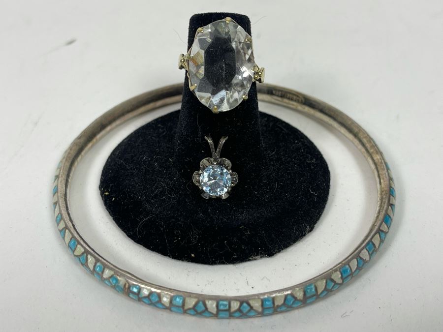 Russian 875 Silver Ring Size 4.25, Sterling Silver Aquamarine Pendant And Sterling Silver Bracelet 19g [Photo 3]