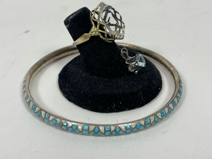 Russian 875 Silver Ring Size 4.25, Sterling Silver Aquamarine Pendant And Sterling Silver Bracelet 19g [Photo 5]
