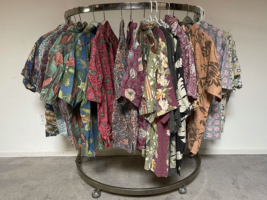 Collection Of 25 Hawaiian Button Up Shirts From Reyn Spooner And Tommy Bahama Mainly Size XL, Some L And XXL - Includes Chrome Clothing Rack