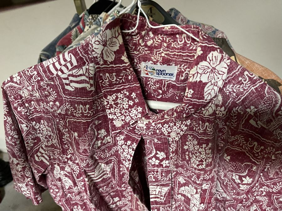 Collection Of 25 Hawaiian Button Up Shirts From Reyn Spooner And Tommy Bahama Mainly Size XL, Some L And XXL - Includes Chrome Clothing Rack [Photo 25]