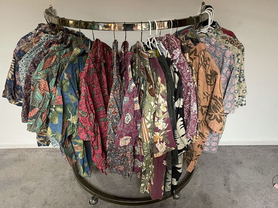 Collection Of 25 Hawaiian Button Up Shirts From Reyn Spooner And Tommy Bahama Mainly Size XL, Some L And XXL - Includes Chrome Clothing Rack [Photo 3]