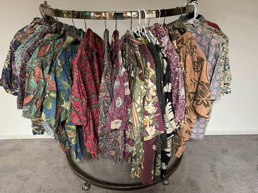 Collection Of 25 Hawaiian Button Up Shirts From Reyn Spooner And Tommy Bahama Mainly Size XL, Some L And XXL - Includes Chrome Clothing Rack [Photo 4]