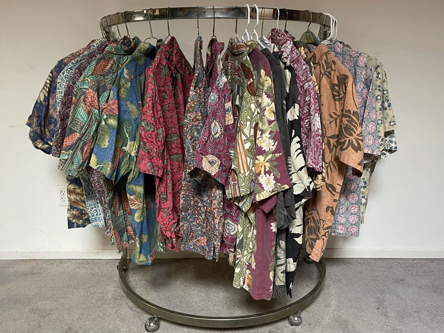 Collection Of 25 Hawaiian Button Up Shirts From Reyn Spooner And Tommy Bahama Mainly Size XL, Some L And XXL - Includes Chrome Clothing Rack [Photo 2]