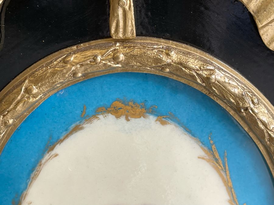 Impressive Antique French Ebony Breakfront Credenza Cabinet With Sevres Plaque, Ormolu Applied Decorations And Black Marble Top 70W X 17D X 43.5H [Photo 10]