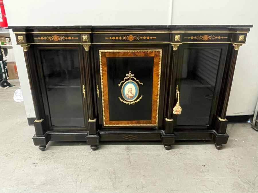 Impressive Antique French Ebony Breakfront Credenza Cabinet With Sevres Plaque, Ormolu Applied Decorations And Black Marble Top 70W X 17D X 43.5H [Photo 2]