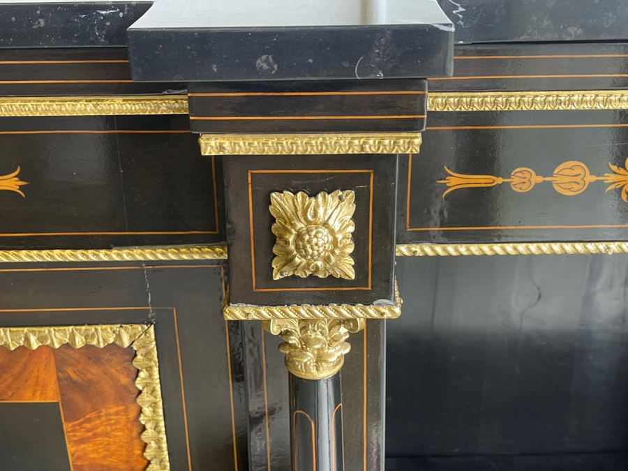 Impressive Antique French Ebony Breakfront Credenza Cabinet With Sevres Plaque, Ormolu Applied Decorations And Black Marble Top 70W X 17D X 43.5H [Photo 14]
