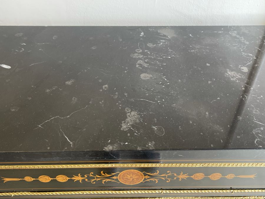 Impressive Antique French Ebony Breakfront Credenza Cabinet With Sevres Plaque, Ormolu Applied Decorations And Black Marble Top 70W X 17D X 43.5H [Photo 17]