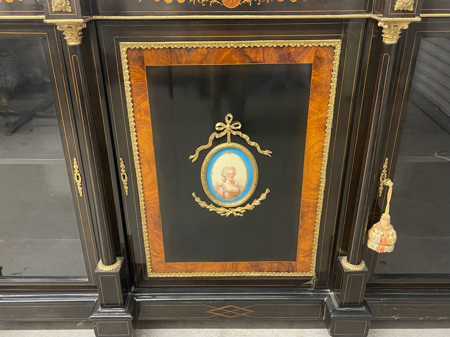Impressive Antique French Ebony Breakfront Credenza Cabinet With Sevres Plaque, Ormolu Applied Decorations And Black Marble Top 70W X 17D X 43.5H [Photo 3]