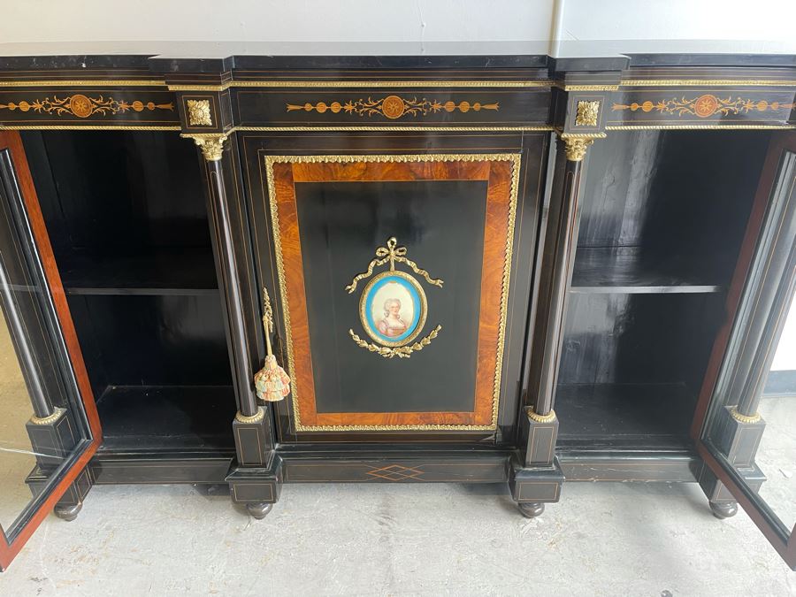 Impressive Antique French Ebony Breakfront Credenza Cabinet With Sevres Plaque, Ormolu Applied Decorations And Black Marble Top 70W X 17D X 43.5H [Photo 6]