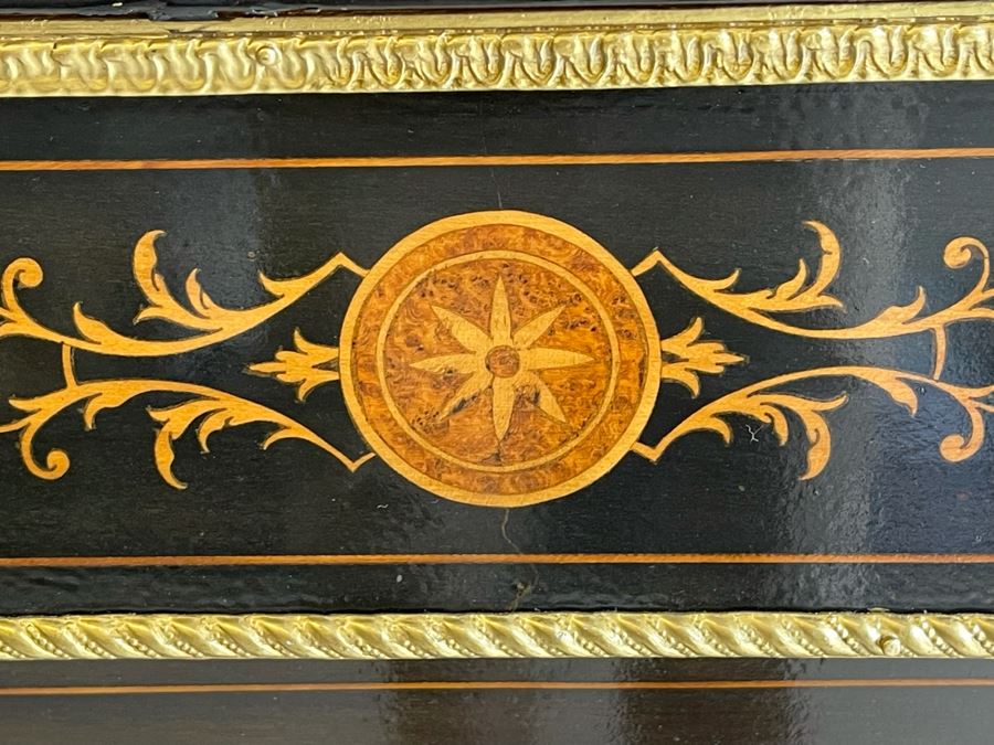 Impressive Antique French Ebony Breakfront Credenza Cabinet With Sevres Plaque, Ormolu Applied Decorations And Black Marble Top 70W X 17D X 43.5H [Photo 11]