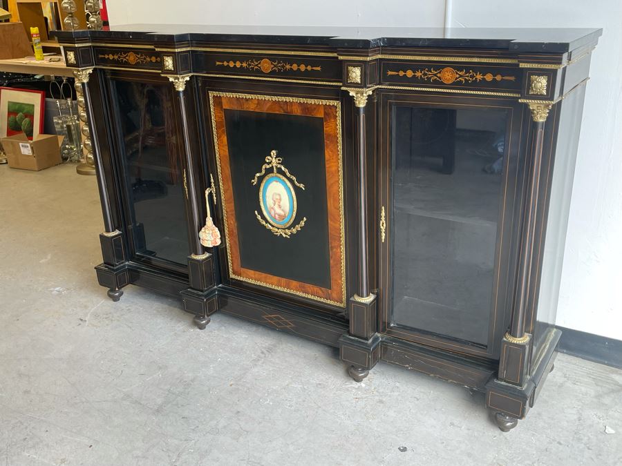Impressive Antique French Ebony Breakfront Credenza Cabinet With Sevres Plaque, Ormolu Applied Decorations And Black Marble Top 70W X 17D X 43.5H [Photo 21]