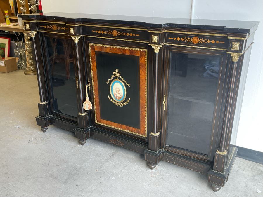 Impressive Antique French Ebony Breakfront Credenza Cabinet With Sevres Plaque, Ormolu Applied Decorations And Black Marble Top 70W X 17D X 43.5H [Photo 22]
