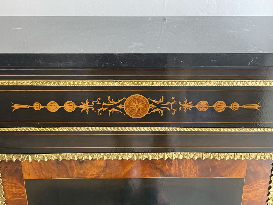 Impressive Antique French Ebony Breakfront Credenza Cabinet With Sevres Plaque, Ormolu Applied Decorations And Black Marble Top 70W X 17D X 43.5H [Photo 13]