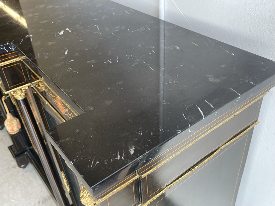 Impressive Antique French Ebony Breakfront Credenza Cabinet With Sevres Plaque, Ormolu Applied Decorations And Black Marble Top 70W X 17D X 43.5H [Photo 18]