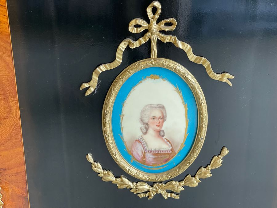 Impressive Antique French Ebony Breakfront Credenza Cabinet With Sevres Plaque, Ormolu Applied Decorations And Black Marble Top 70W X 17D X 43.5H [Photo 7]