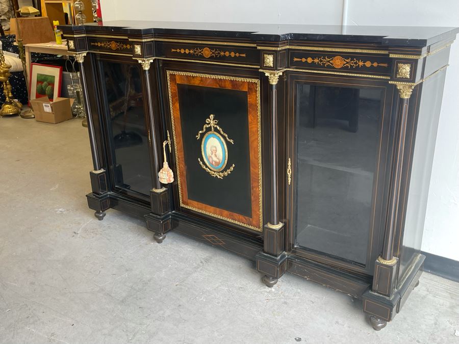 Impressive Antique French Ebony Breakfront Credenza Cabinet With Sevres Plaque, Ormolu Applied Decorations And Black Marble Top 70W X 17D X 43.5H [Photo 20]