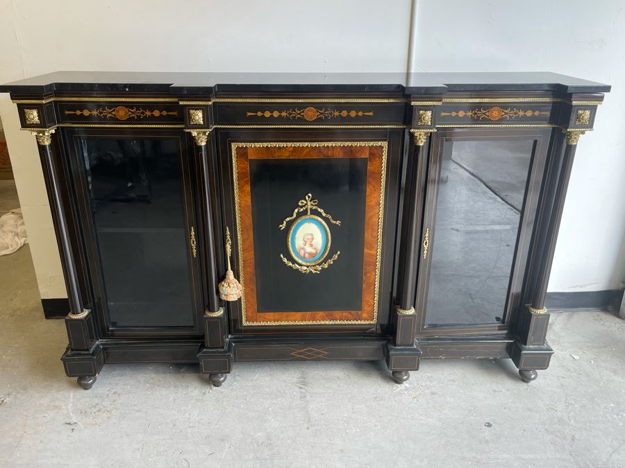 Impressive Antique French Ebony Breakfront Credenza Cabinet With Sevres Plaque, Ormolu Applied Decorations And Black Marble Top 70W X 17D X 43.5H [Photo 23]