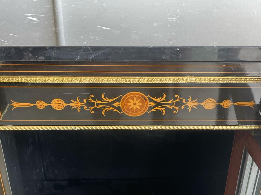 Impressive Antique French Ebony Breakfront Credenza Cabinet With Sevres Plaque, Ormolu Applied Decorations And Black Marble Top 70W X 17D X 43.5H [Photo 15]