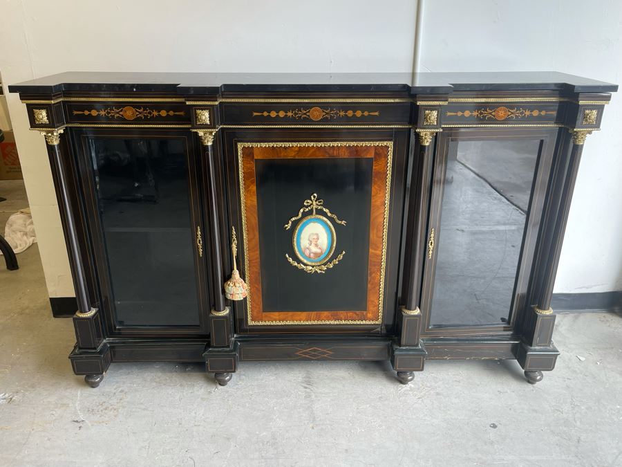 Impressive Antique French Ebony Breakfront Credenza Cabinet With Sevres Plaque, Ormolu Applied Decorations And Black Marble Top 70W X 17D X 43.5H [Photo 24]