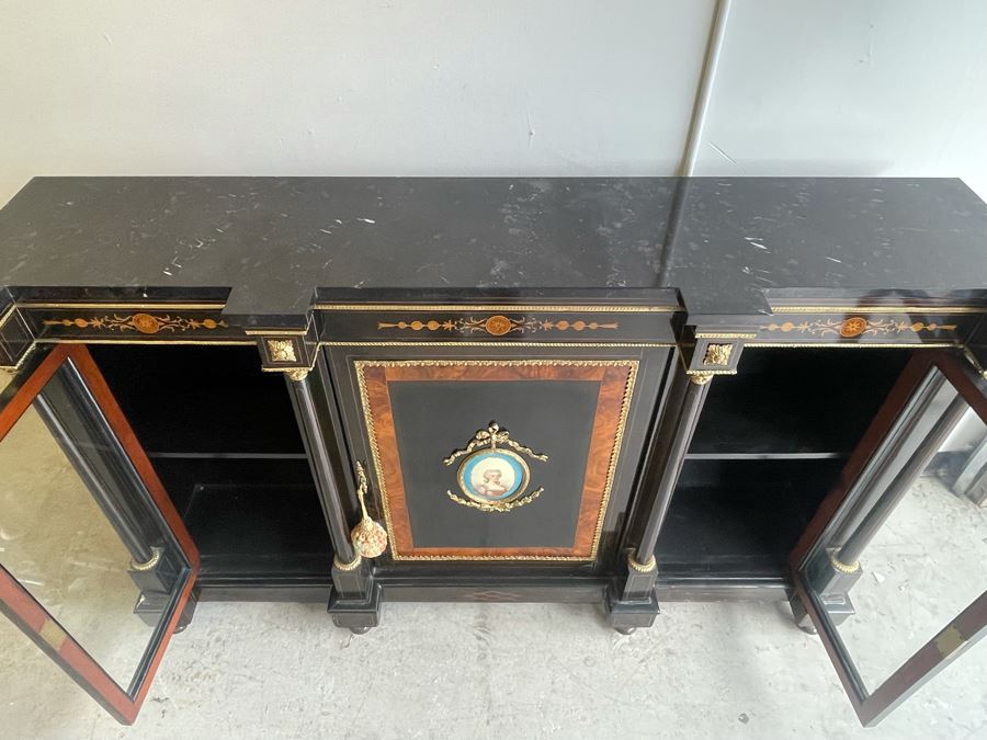 Impressive Antique French Ebony Breakfront Credenza Cabinet With Sevres Plaque, Ormolu Applied Decorations And Black Marble Top 70W X 17D X 43.5H [Photo 16]