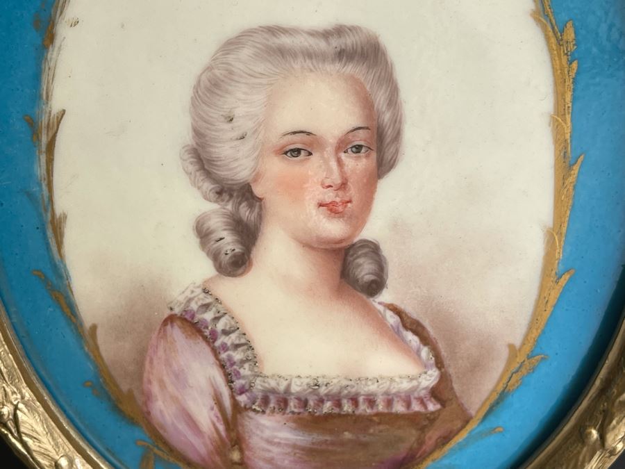 Impressive Antique French Ebony Breakfront Credenza Cabinet With Sevres Plaque, Ormolu Applied Decorations And Black Marble Top 70W X 17D X 43.5H [Photo 9]