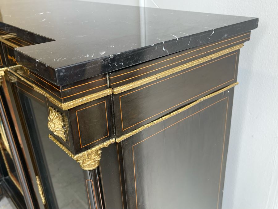 Impressive Antique French Ebony Breakfront Credenza Cabinet With Sevres Plaque, Ormolu Applied Decorations And Black Marble Top 70W X 17D X 43.5H [Photo 19]