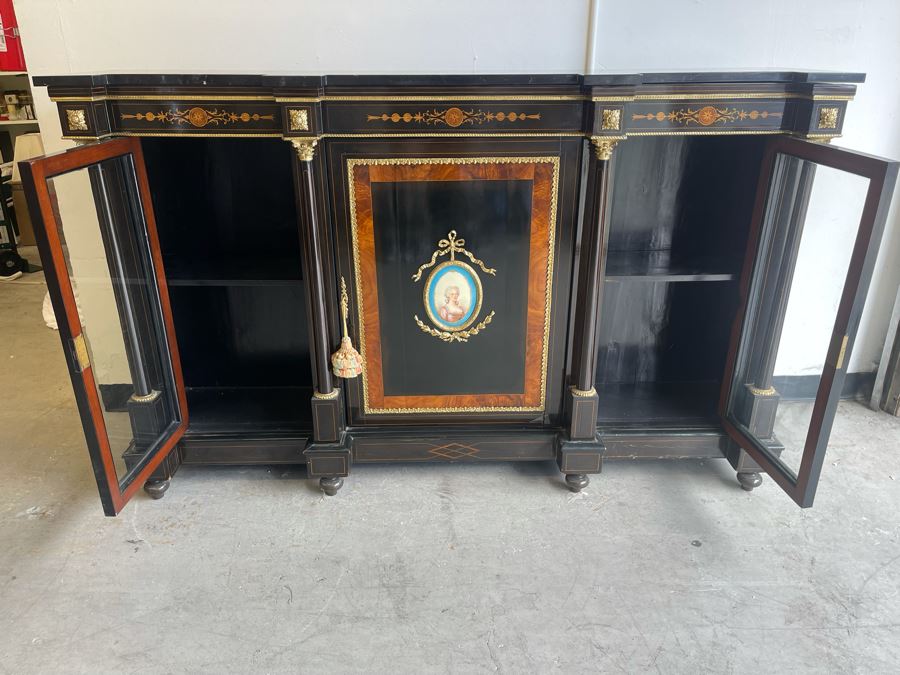 Impressive Antique French Ebony Breakfront Credenza Cabinet With Sevres Plaque, Ormolu Applied Decorations And Black Marble Top 70W X 17D X 43.5H [Photo 4]
