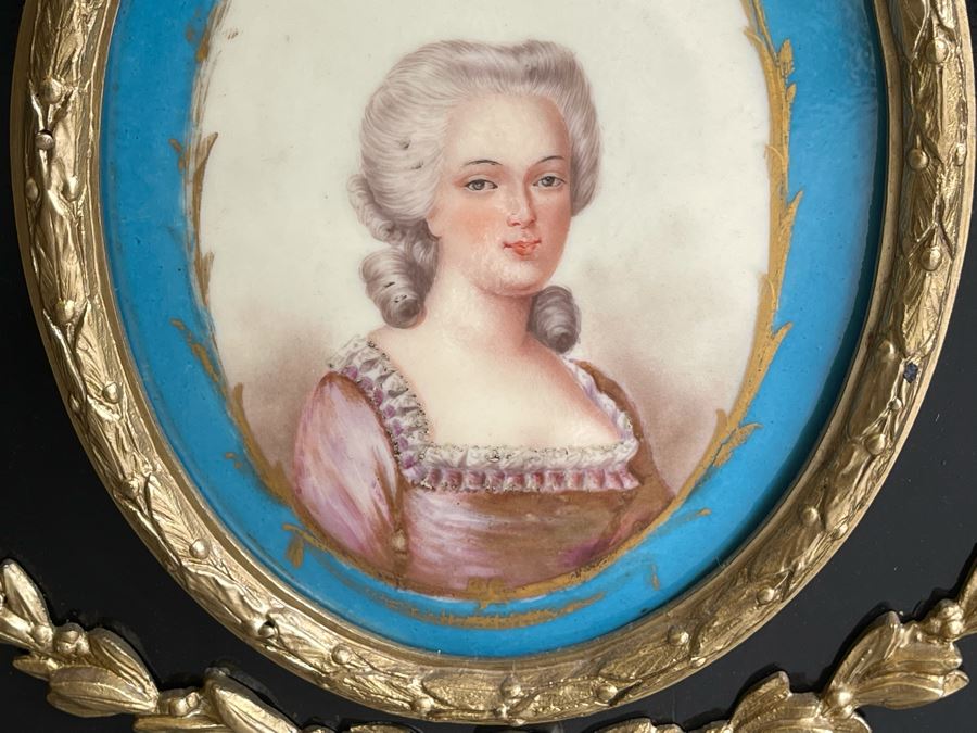 Impressive Antique French Ebony Breakfront Credenza Cabinet With Sevres Plaque, Ormolu Applied Decorations And Black Marble Top 70W X 17D X 43.5H [Photo 8]