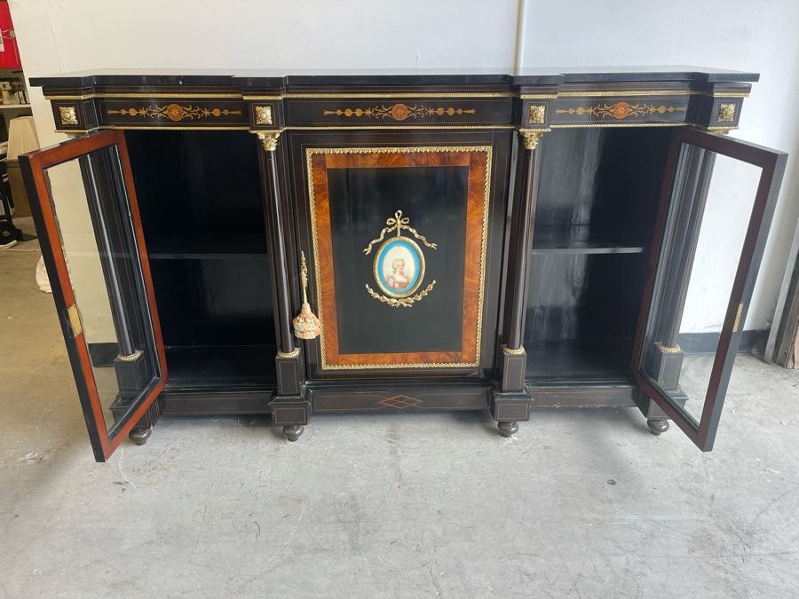 Impressive Antique French Ebony Breakfront Credenza Cabinet With Sevres Plaque, Ormolu Applied Decorations And Black Marble Top 70W X 17D X 43.5H [Photo 5]