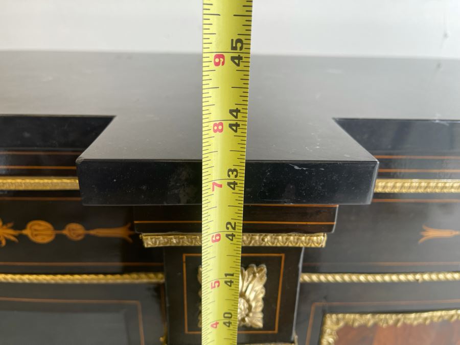 Impressive Antique French Ebony Breakfront Credenza Cabinet With Sevres Plaque, Ormolu Applied Decorations And Black Marble Top 70W X 17D X 43.5H [Photo 27]