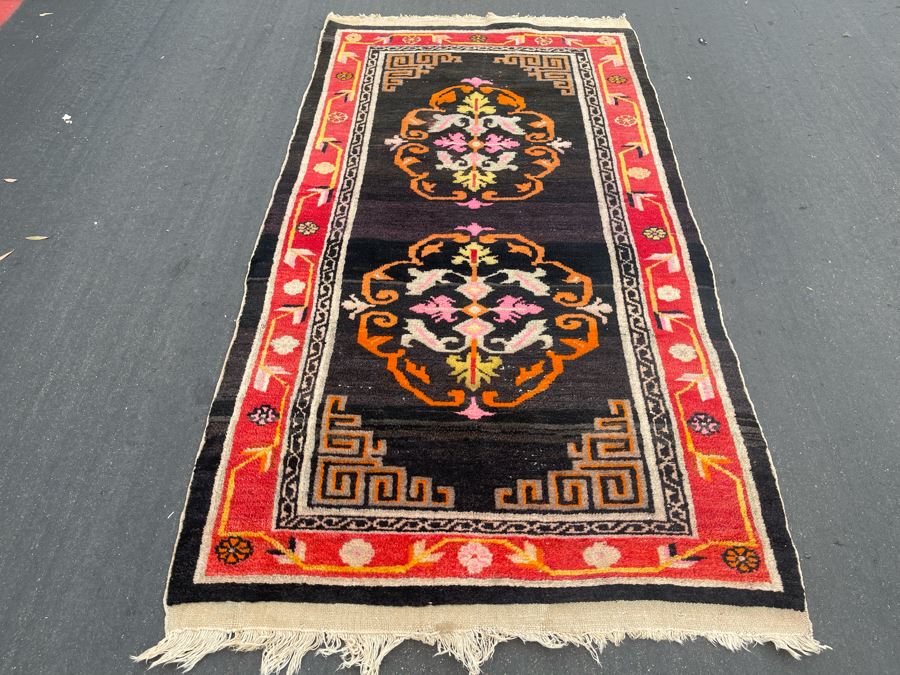 Vintage Hand Knotted Asian Wool Area Rug 71 X 36 [Photo 2]
